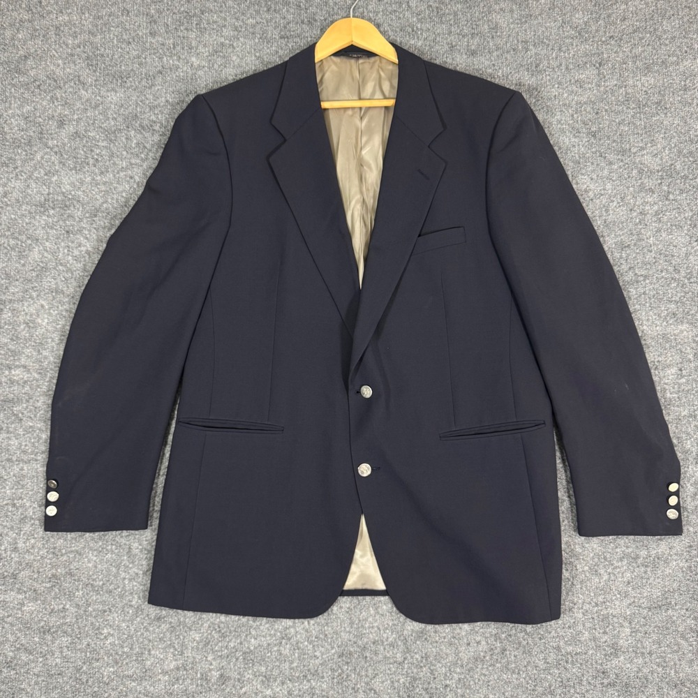 VTG Burberrys Blazer Sport Coat Silver Button Mens 44L Navy Blue Wool Union GUC